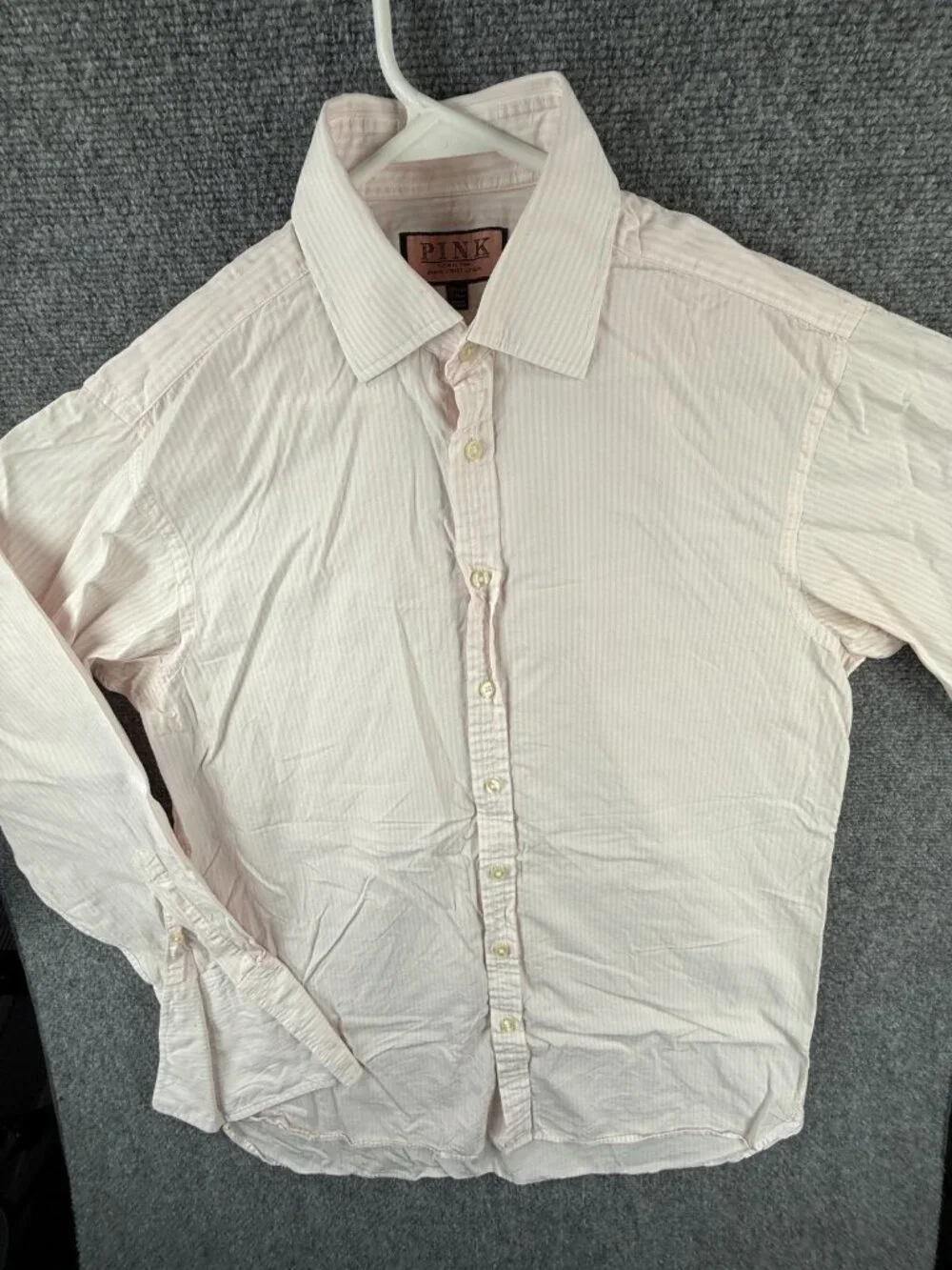 Thomas Pink Mens 15.5 34 Pink Striped Long Sleeve Button Up French Cuff
